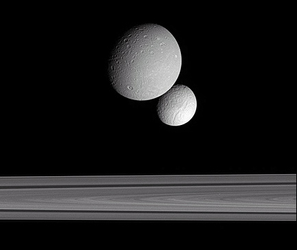 Dione, Tethys and Saturn's rings from Cassini